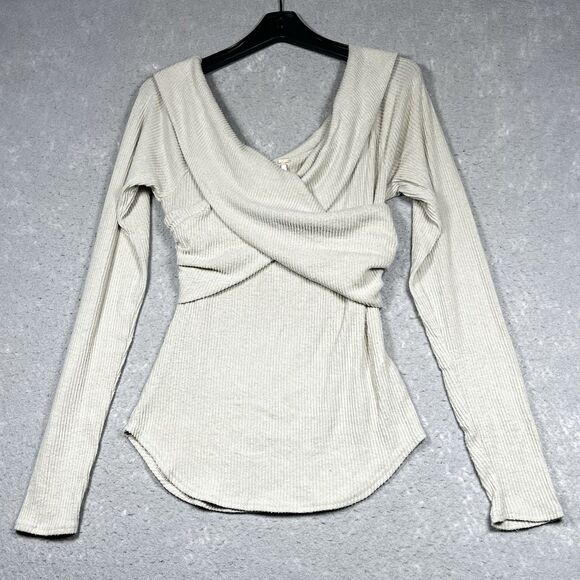 Free People Marley Shirt L Off White Off The Shoulder Ribbed V-Neck Pullover - Picture 1 of 12